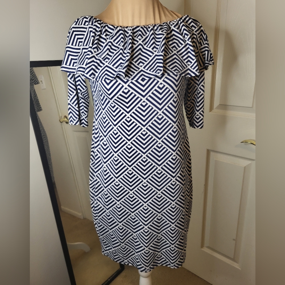 Source Unknown - Navy and White Diamond Bare Shoulder Dress, See Measure…
